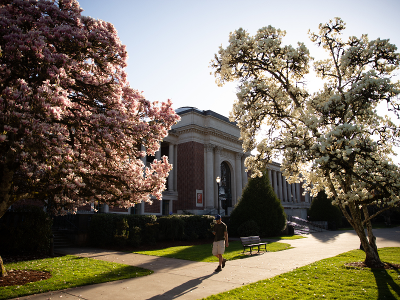 Oregon State University Memorial Union in the spring with flowers in bloom