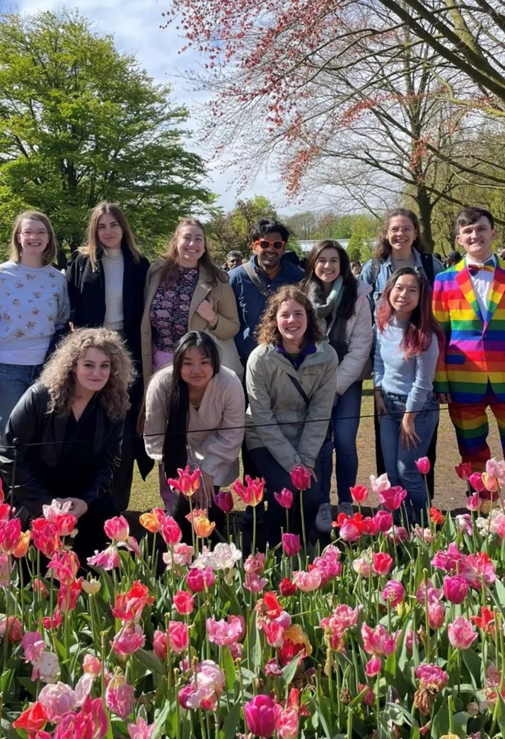Bridget and friends with tulips in foreground
