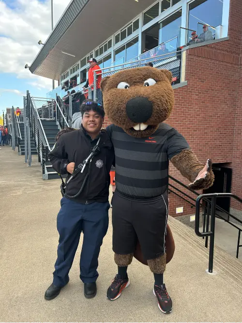 Nash Potts poses with Benny Beaver